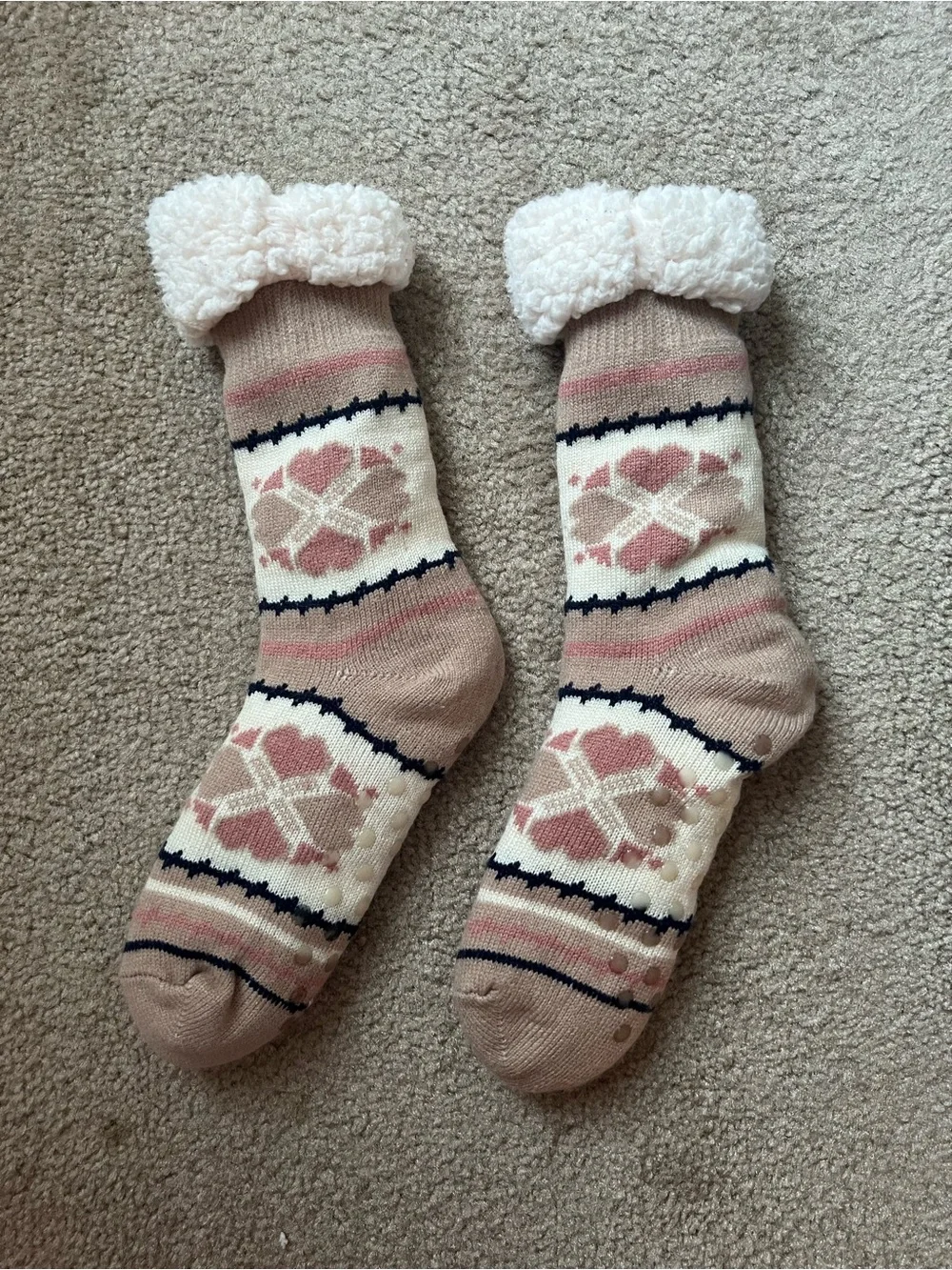 Sherpa Lined Slipper Socks Set of Two Non Slip Gripper Fair Isle